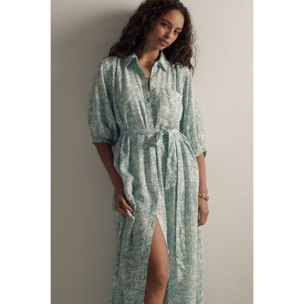 Anthropologie Light Aqua and White Paisley Maxi Shirt Dress
